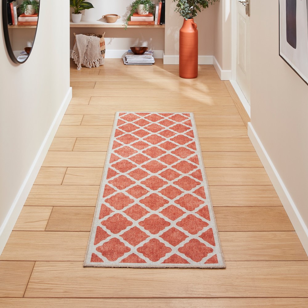 Coral H1063 Modern Washable Trellis Runner Rugs in Orange